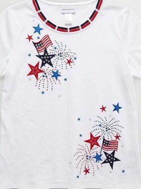 Alfred Dunner White Tee with Red & Blue Star and Flag Graphics